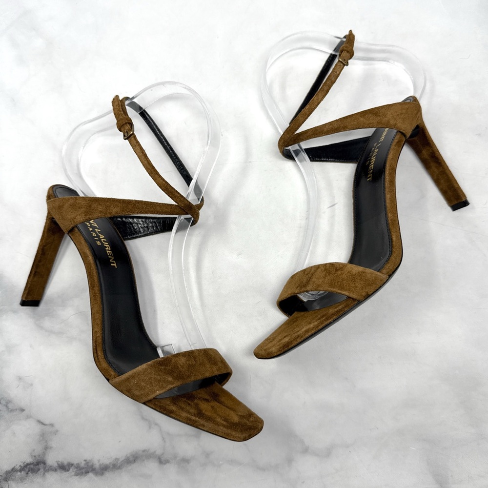 Saint Laurent Bea Bow Suede Square Toe Ankle Wrap Strap Sandal Heels Brown 37 - Picture 4 of 14